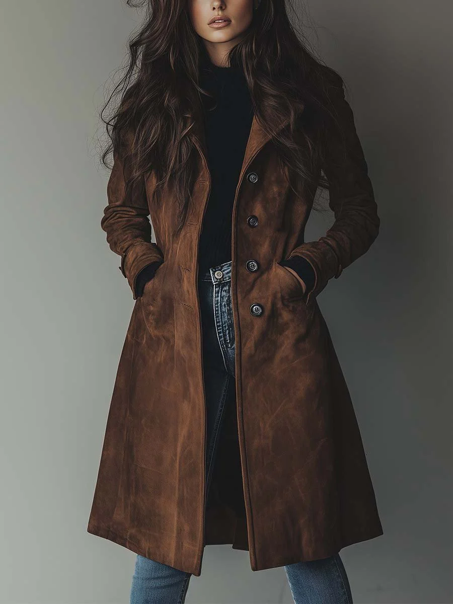 Women's Longline Trench Coat with Double-Breasted Front