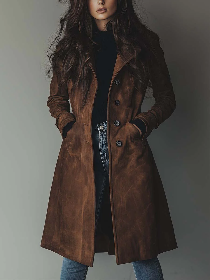 Women's Longline Trench Coat with Double-Breasted Front