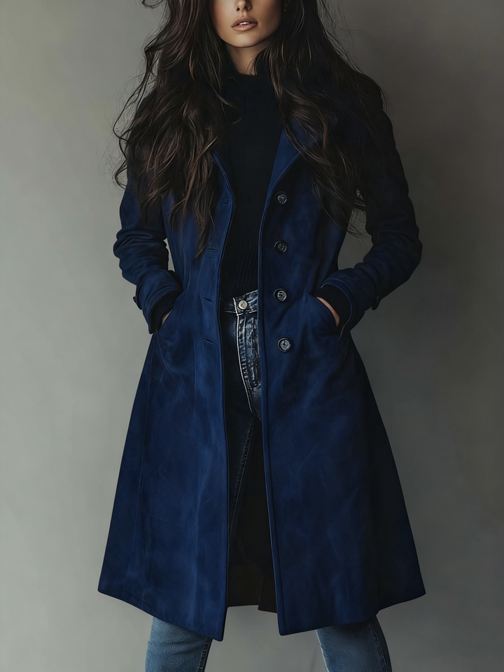 Women's Longline Trench Coat with Double-Breasted Front