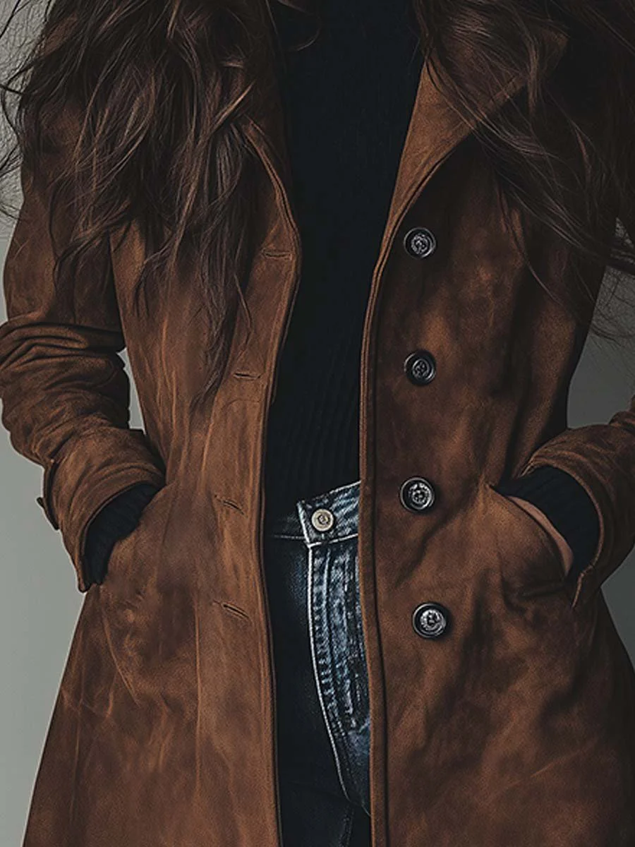 Women's Longline Trench Coat with Double-Breasted Front