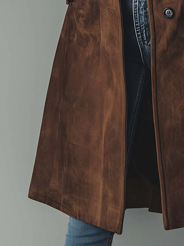 Women's Longline Trench Coat with Double-Breasted Front