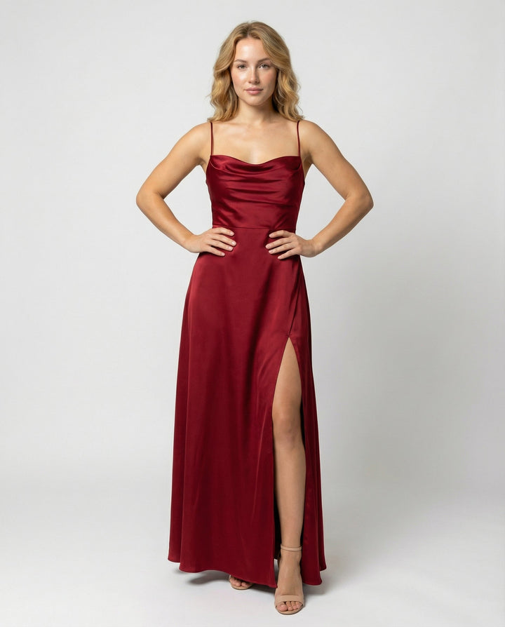 Satin Cowl Neck Evening Maxi Dress