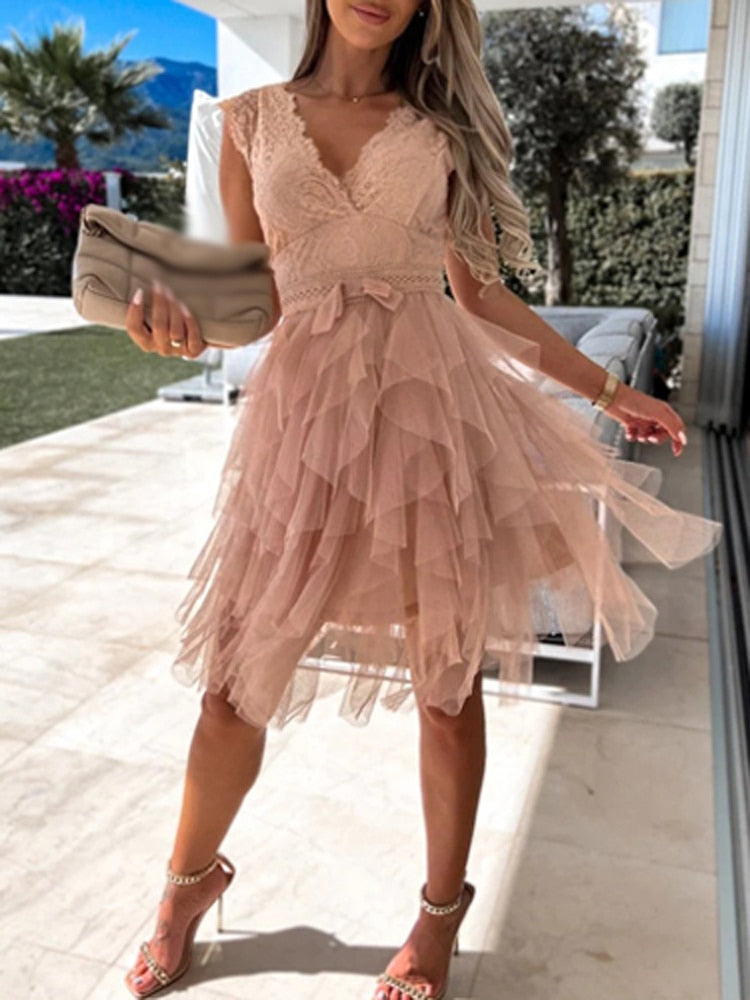 Gisella | Elegant V Neck Lace Embroidered Cocktail Dress