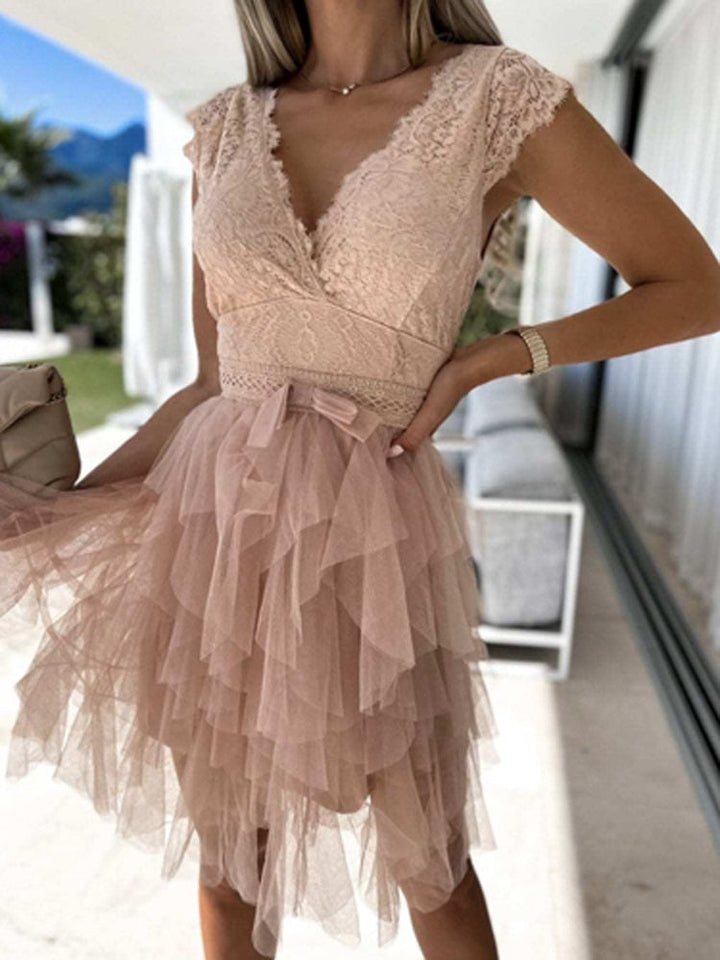 Gisella | Elegant V Neck Lace Embroidered Cocktail Dress
