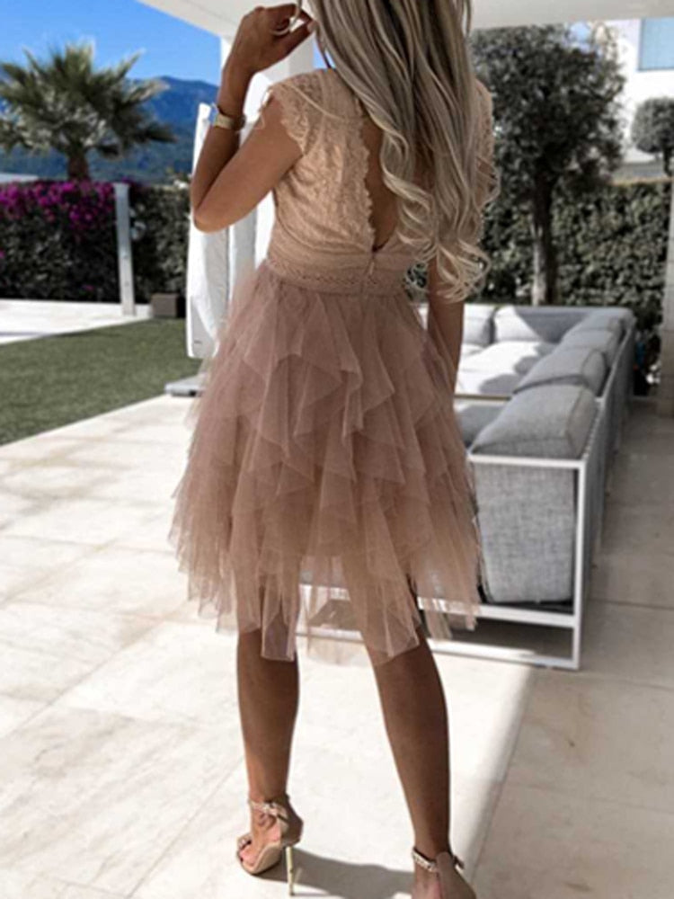 Gisella | Elegant V Neck Lace Embroidered Cocktail Dress