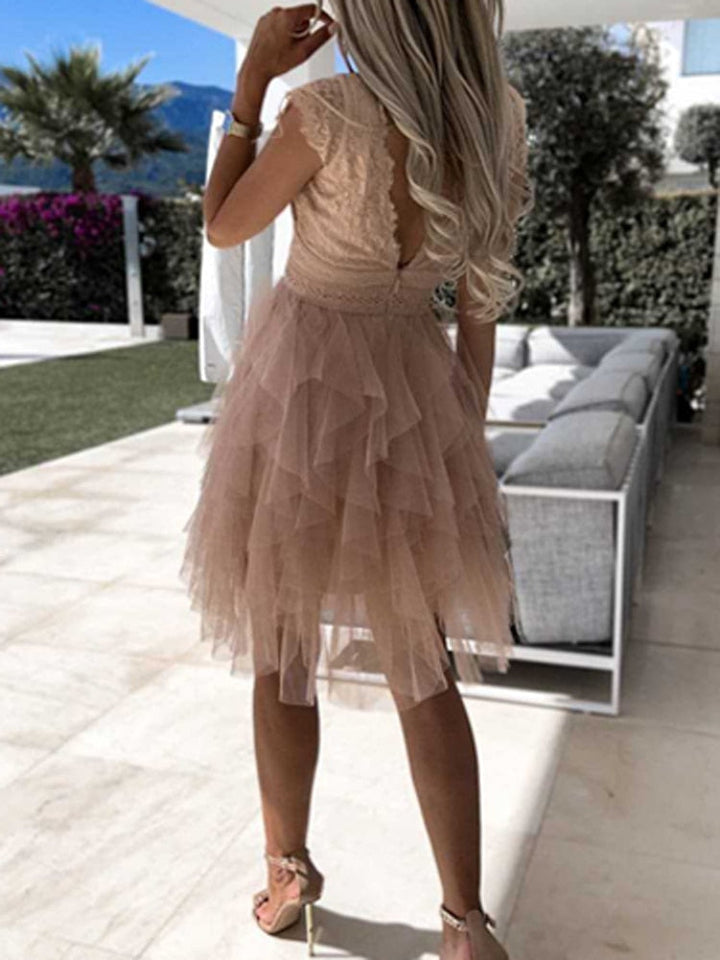 Gisella | Elegant V Neck Lace Embroidered Cocktail Dress