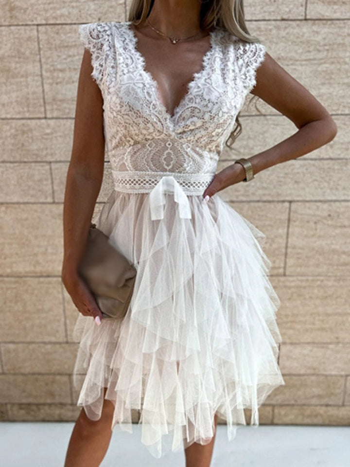 Gisella | Elegant V Neck Lace Embroidered Cocktail Dress
