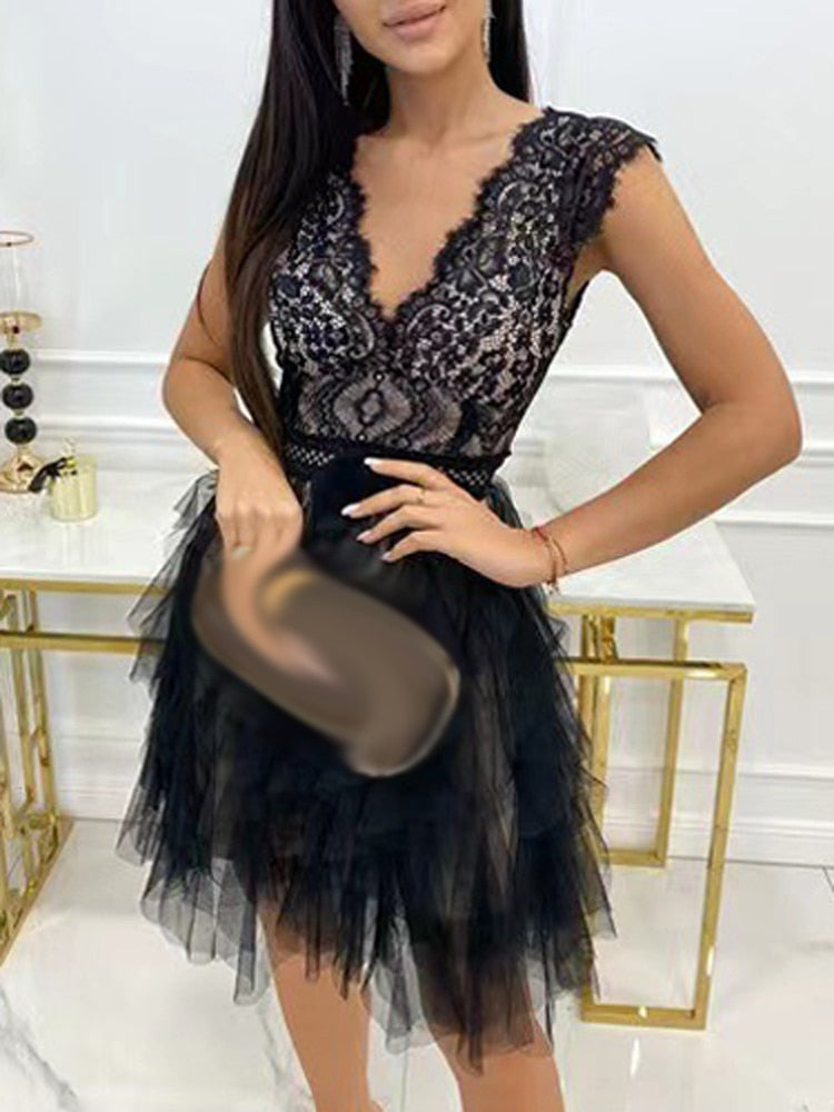 Gisella | Elegant V Neck Lace Embroidered Cocktail Dress