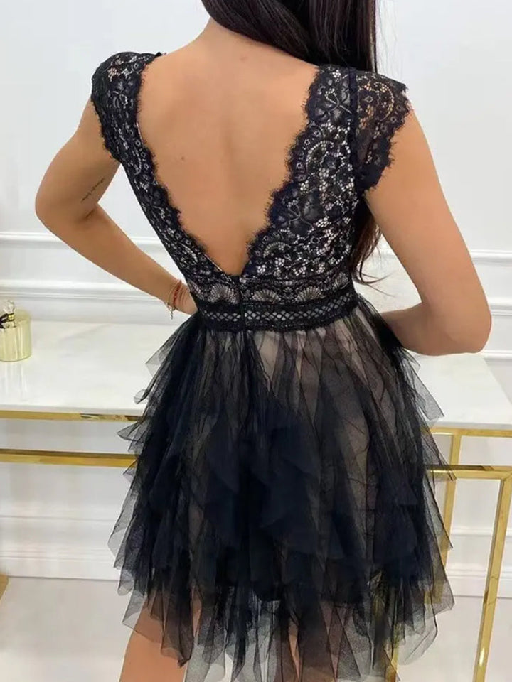 Gisella | Elegant V Neck Lace Embroidered Cocktail Dress