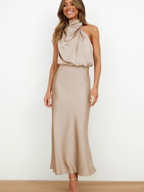 Andrea | Elegant Satin Halter Neck Midi Cocktail Dress