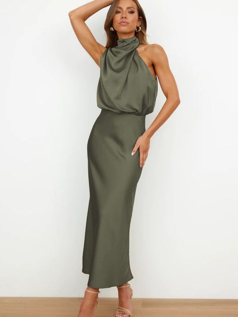 Andrea | Elegant Satin Halter Neck Midi Cocktail Dress