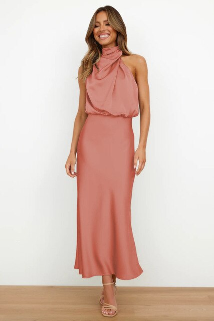 Andrea | Elegant Satin Halter Neck Midi Cocktail Dress