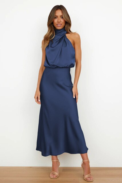 Andrea | Elegant Satin Halter Neck Midi Cocktail Dress