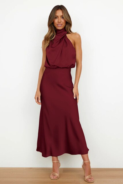 Andrea | Elegant Satin Halter Neck Midi Cocktail Dress