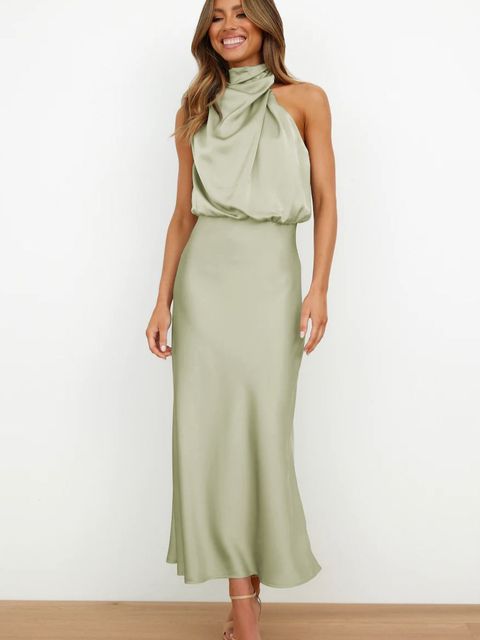 Andrea | Elegant Satin Halter Neck Midi Cocktail Dress