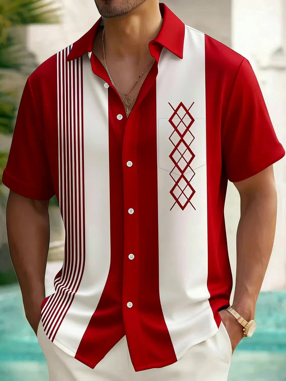 Men's Short Sleeve Colourblock Shirt with Diamond Print