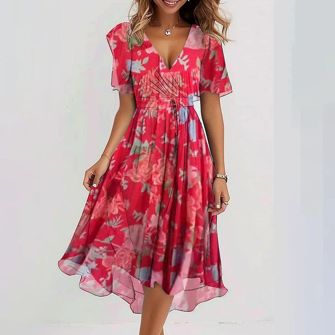 Women's Floral Wrap Midi Dress with Flutter Sleeves