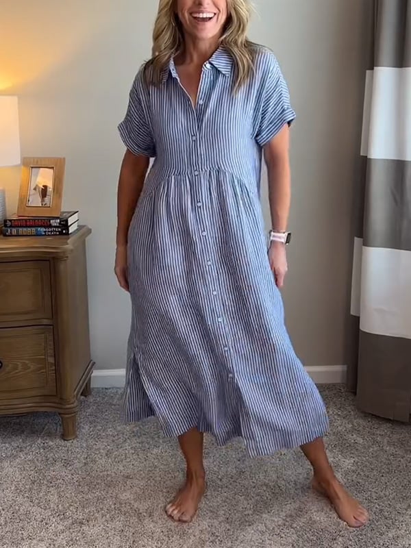 Women's Striped Linen Shirt Dress with Side Pockets