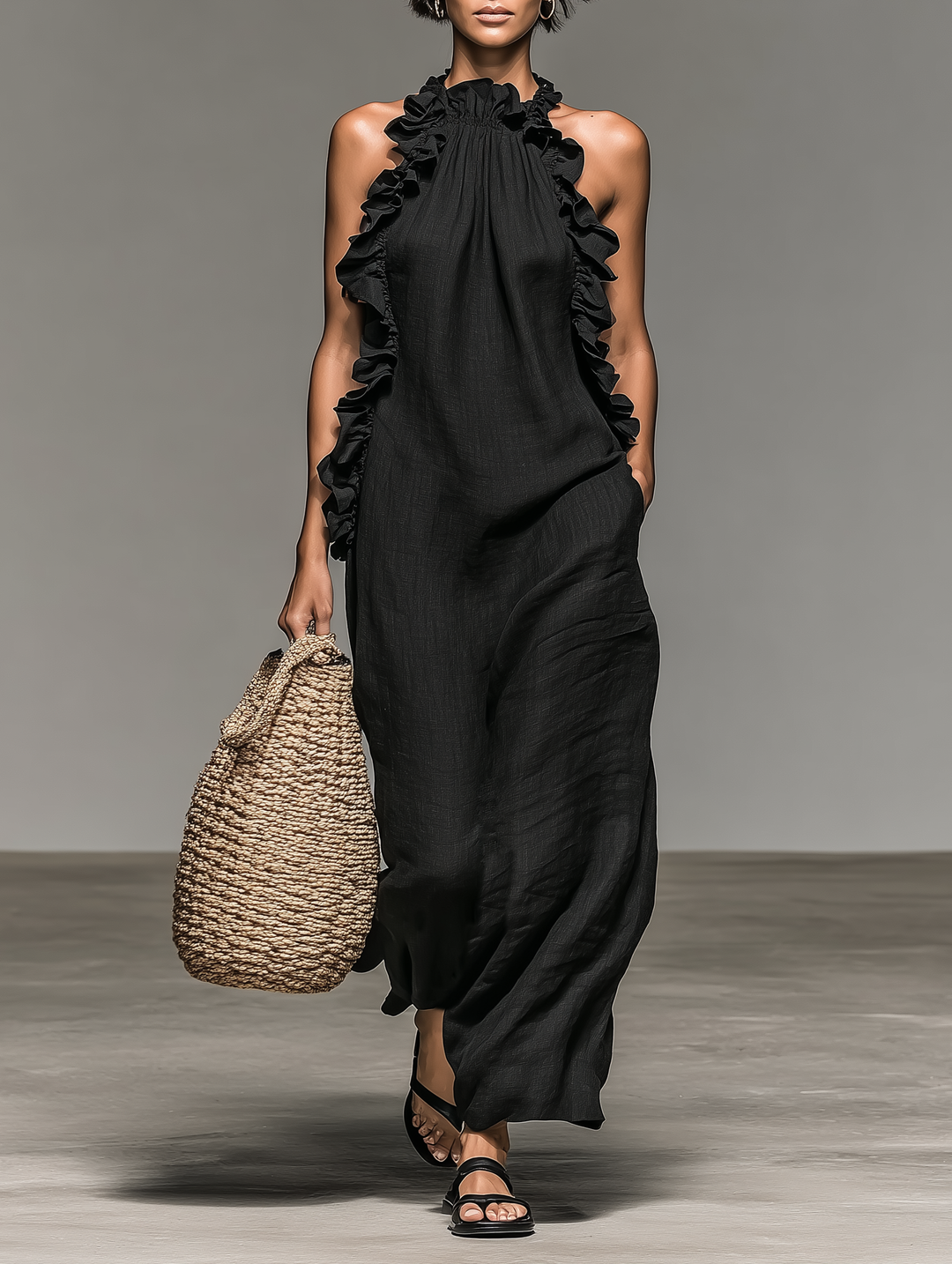 Women's Linen Ruffle Halter Maxi Dress