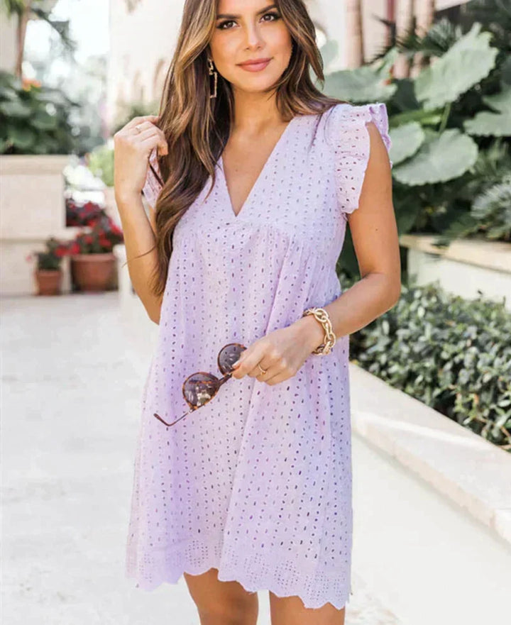 Women's Eyelet Lace Mini Dress with Ruffle Sleeves