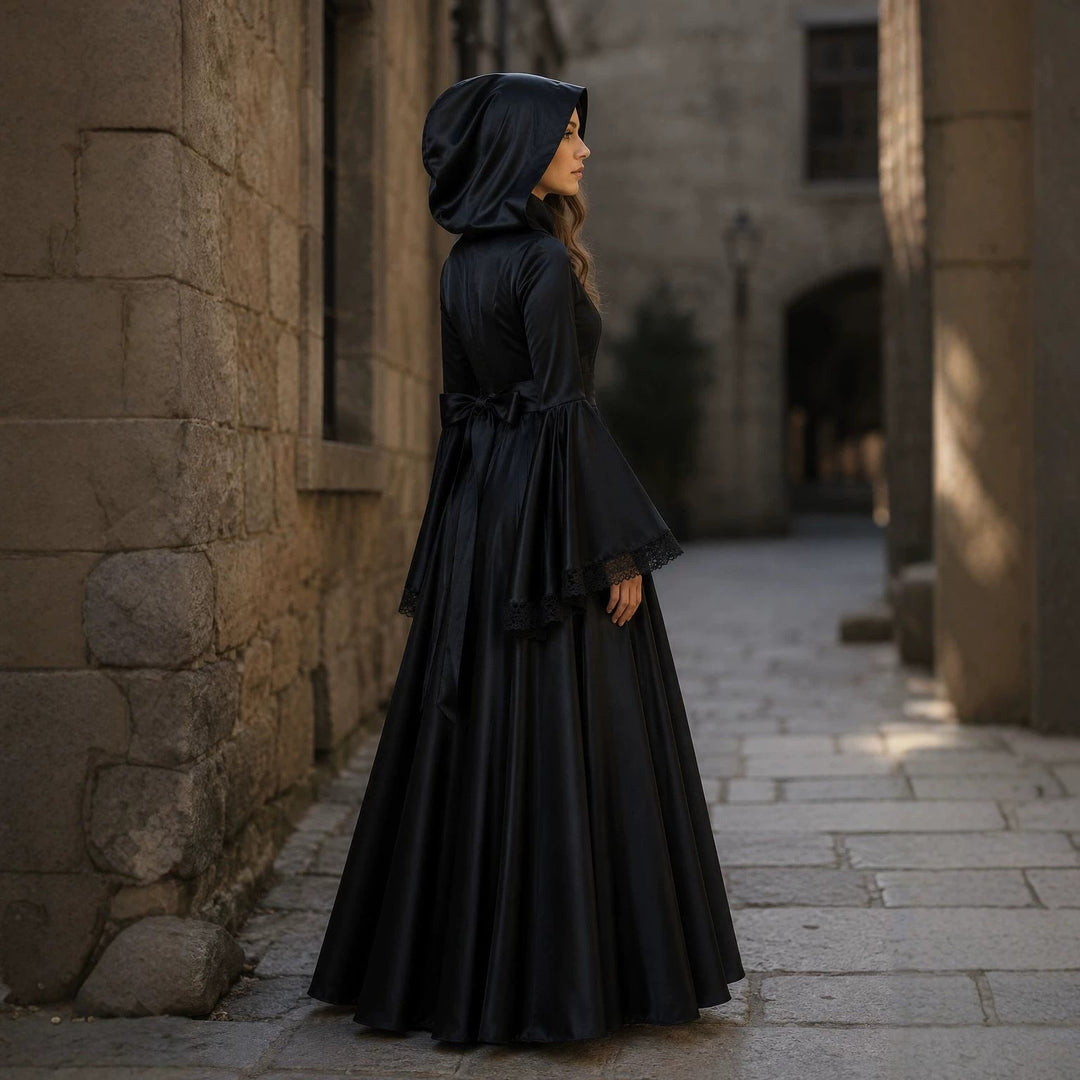 Women's Hooded Witch Halloween Costume Dress with Laced Corset Front