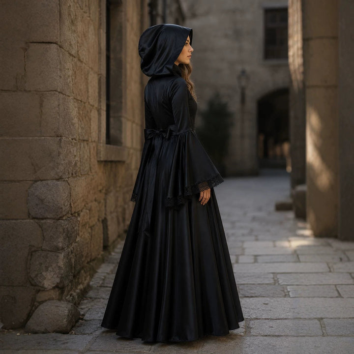 Women's Hooded Witch Halloween Costume Dress with Laced Corset Front