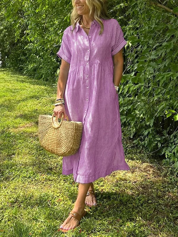 Women's Striped Linen Shirt Dress with Side Pockets