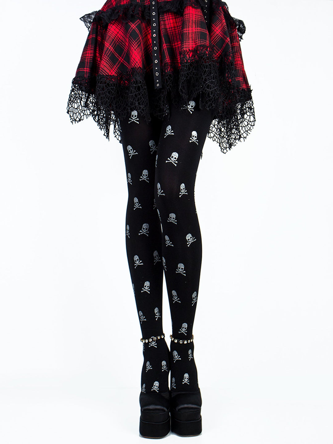 Women's Skull Print Halloween Tights with Metallic Glitter