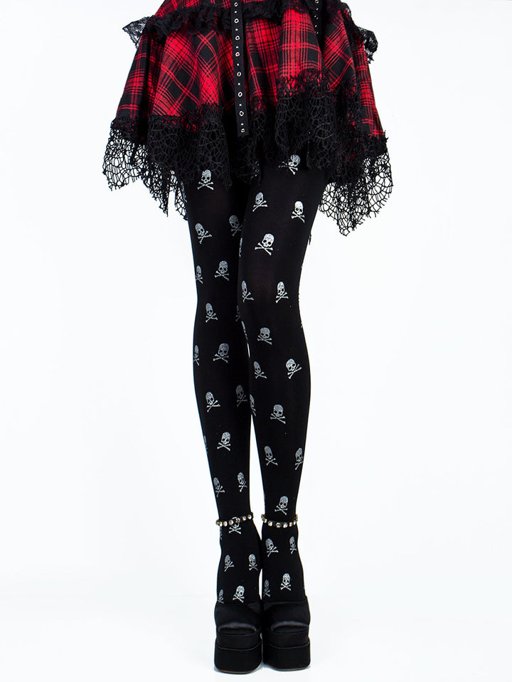 Women's Skull Print Halloween Tights with Metallic Glitter