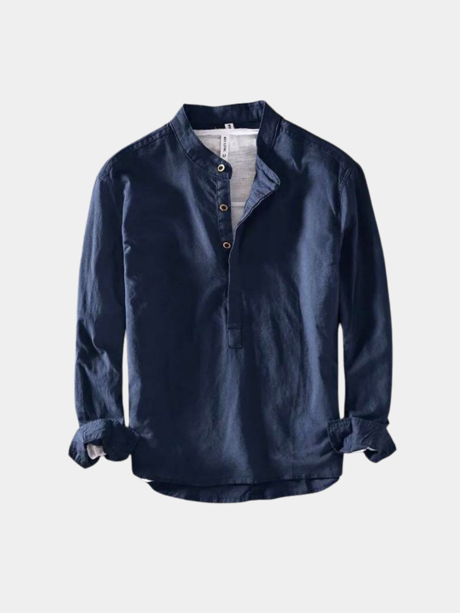 Men's Linen Blend Popover Shirt with Band Collar
