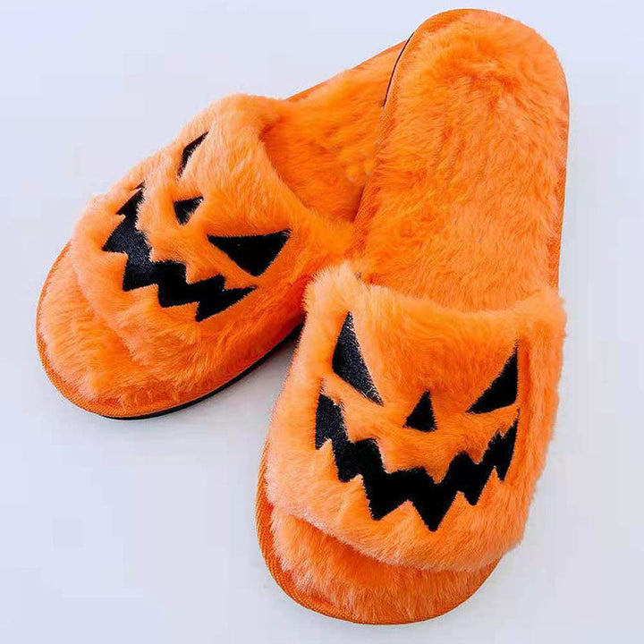 Women's Plush Pumpkin Halloween Slippers with Fluffy Straps