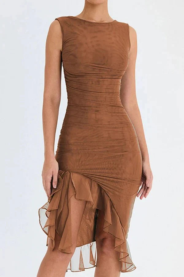 Asymmetric Ruffle Hem Bodocon Midi Dress