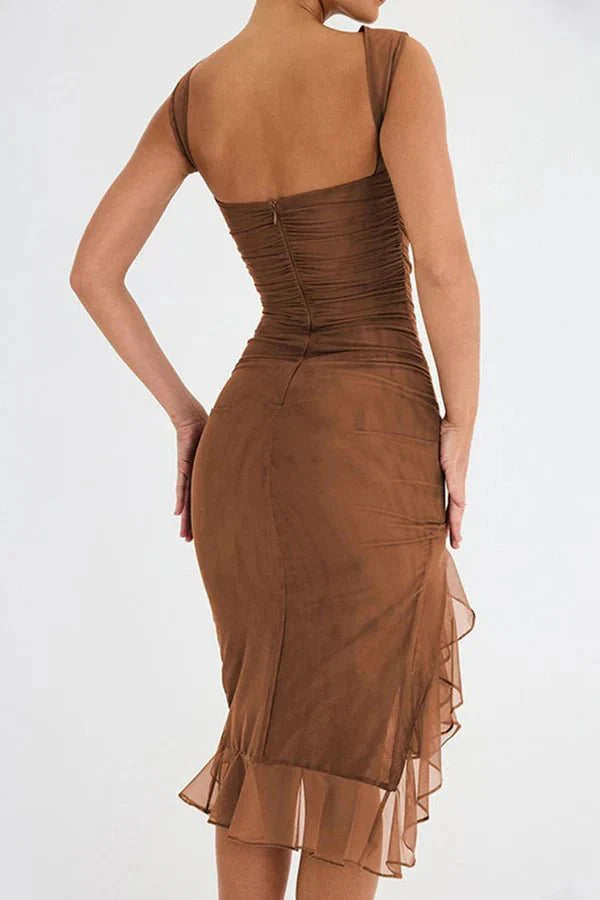 Asymmetric Ruffle Hem Bodocon Midi Dress