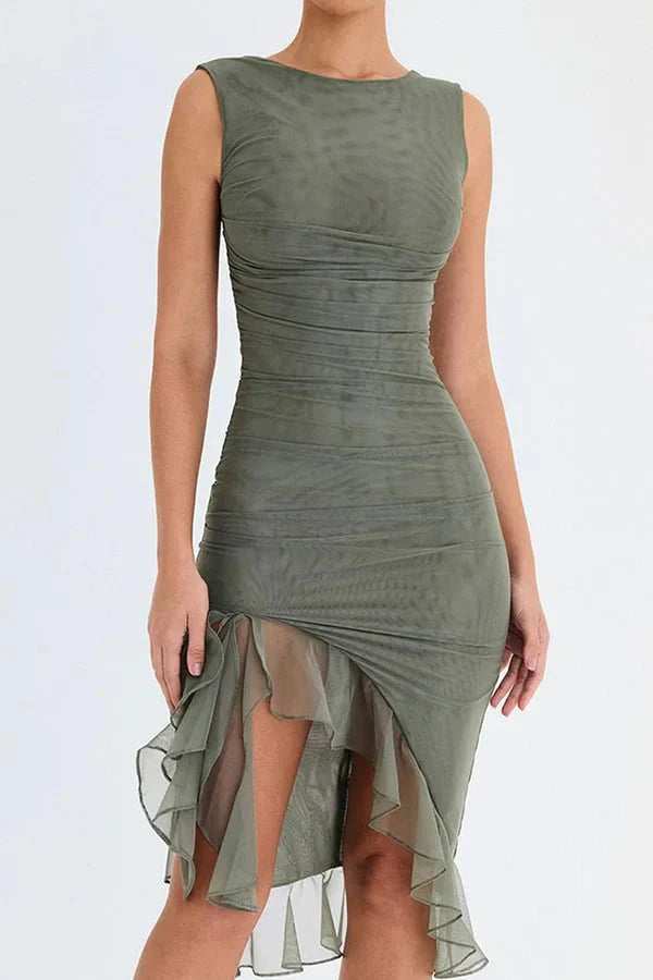 Asymmetric Ruffle Hem Bodocon Midi Dress