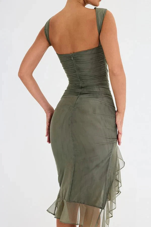 Asymmetric Ruffle Hem Bodocon Midi Dress