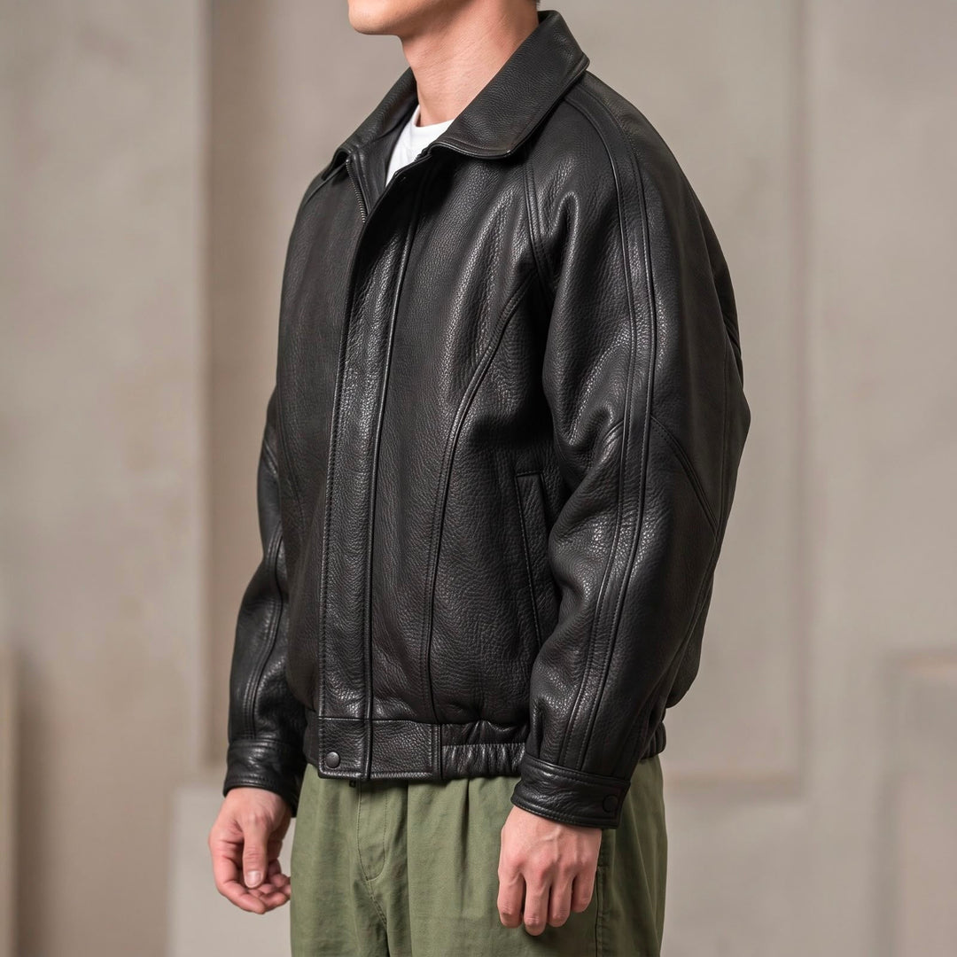 Men's Leather Zip Jacket with Structured Collar