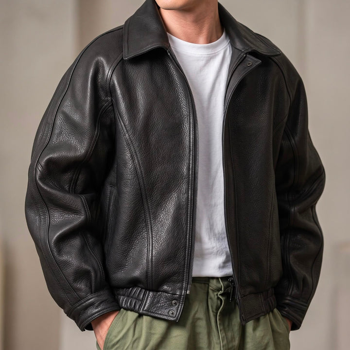 Men's Leather Zip Jacket with Structured Collar