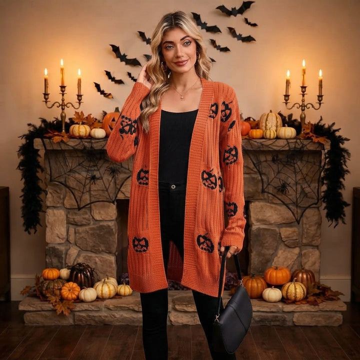 Women's Pumpkin Print Halloween Cardigan
