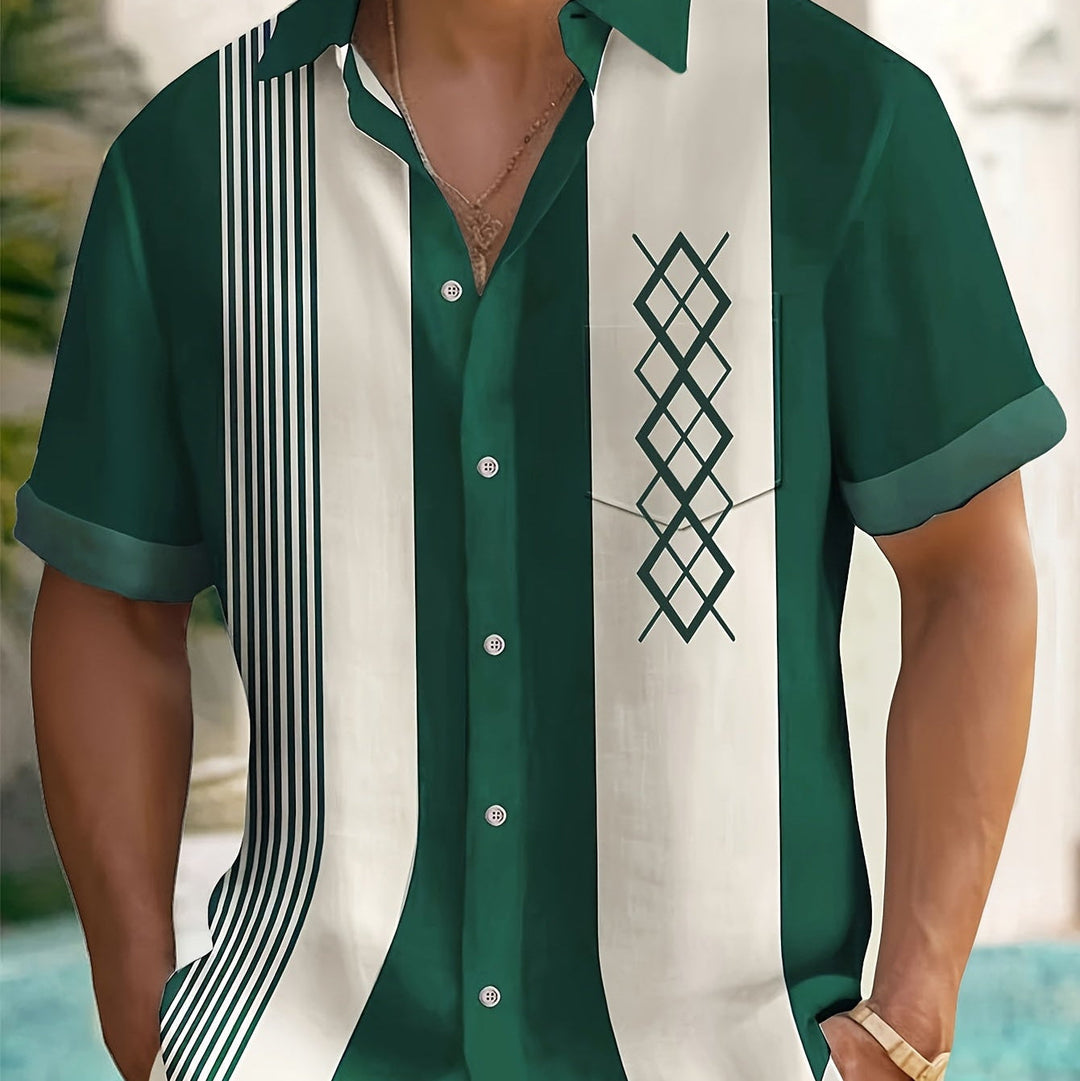 Men's Short Sleeve Colourblock Shirt with Diamond Print