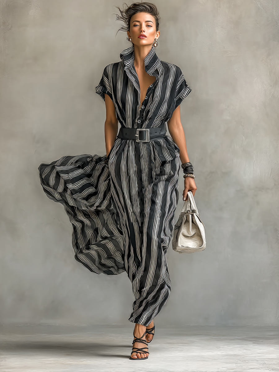 Women's Striped Belted Shirt Maxi Dress