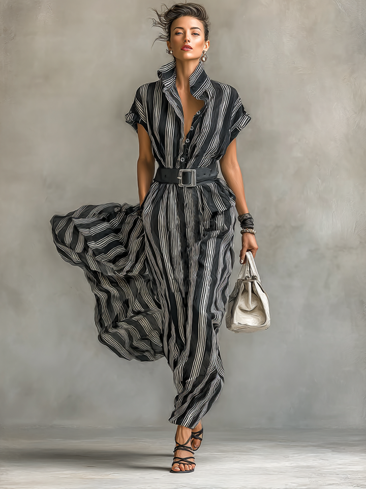 Women's Striped Belted Shirt Maxi Dress