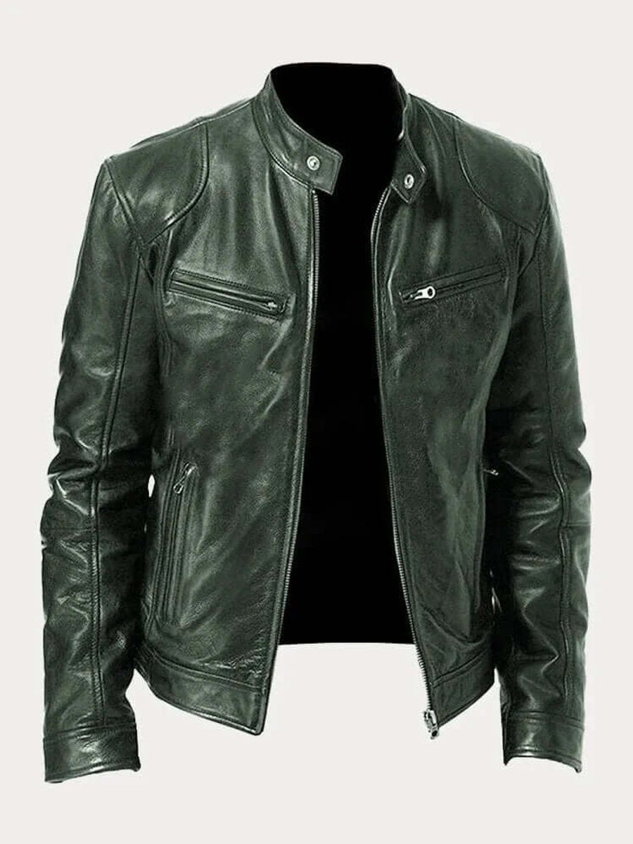 Men's Biker Jacket with Stand Collar and Zip Pockets