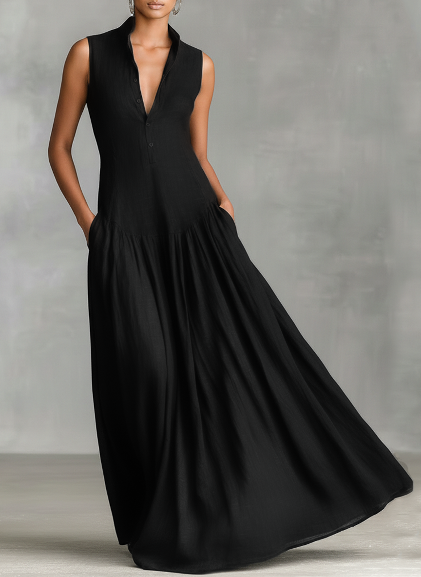 Women's Collared Button-Placket Maxi Dress