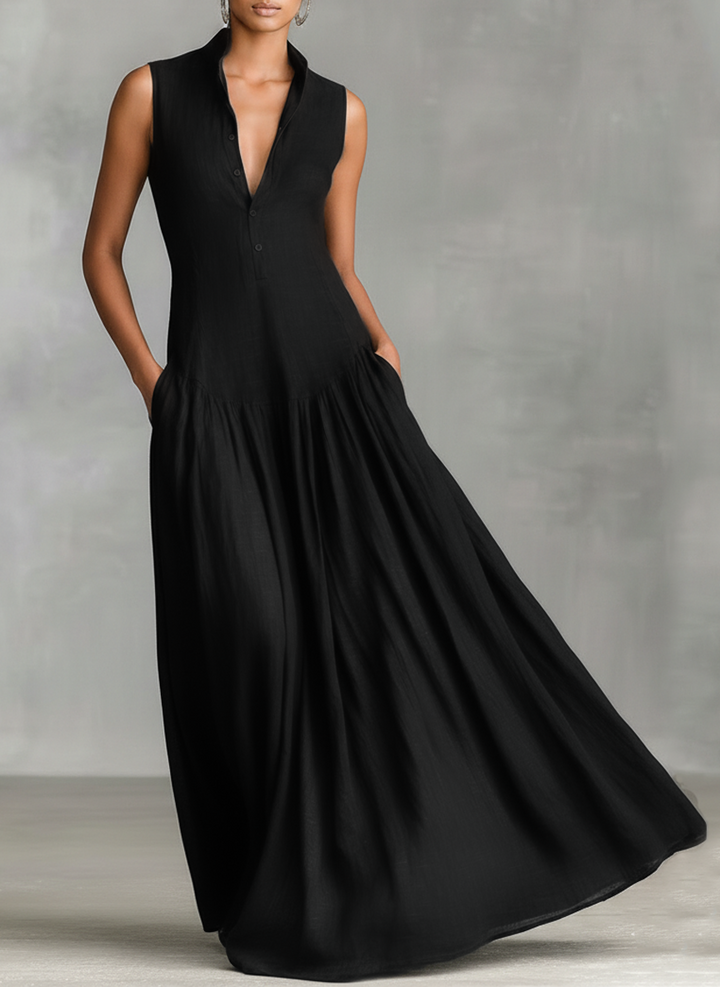 Women's Collared Button-Placket Maxi Dress