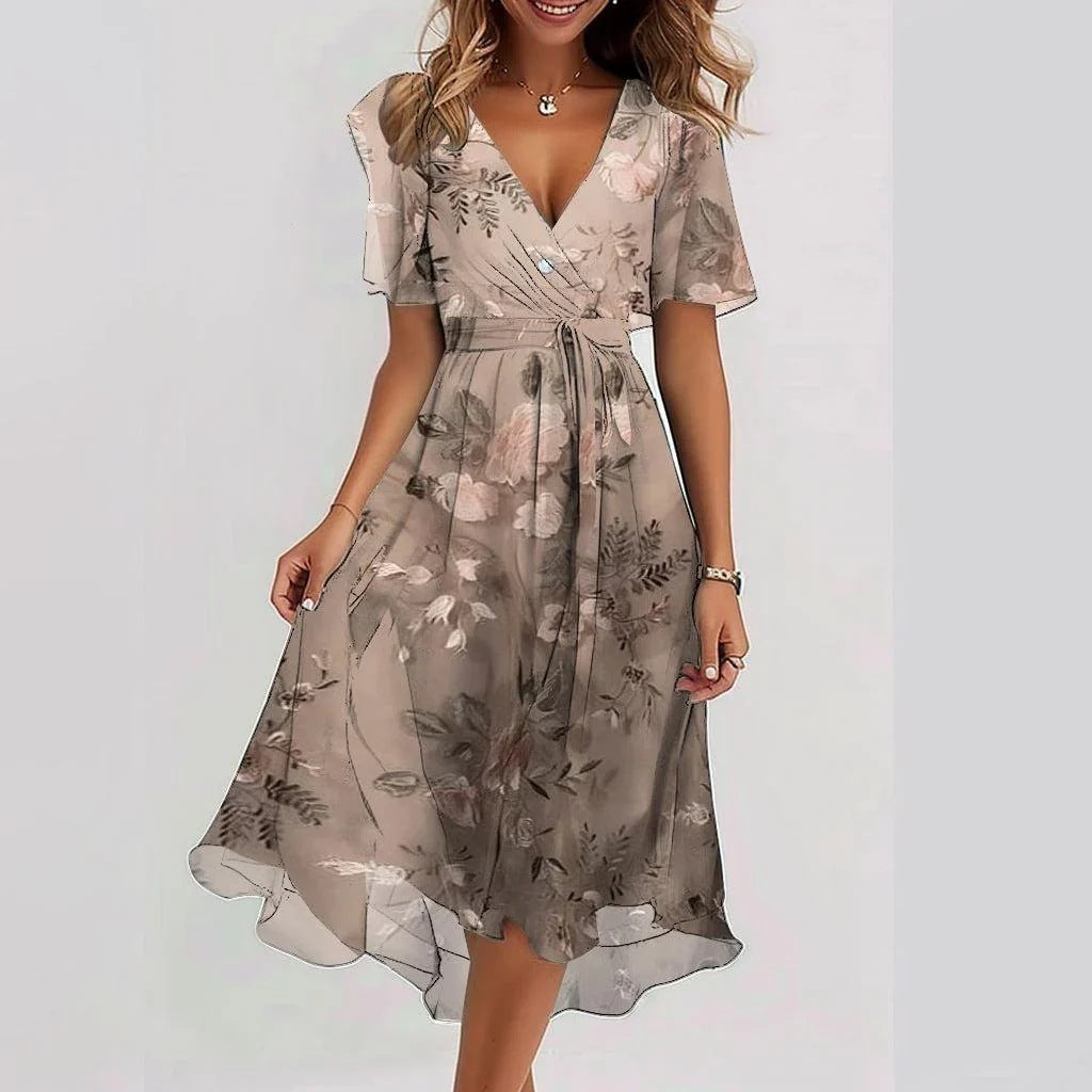 Women's Floral Wrap Midi Dress with Flutter Sleeves