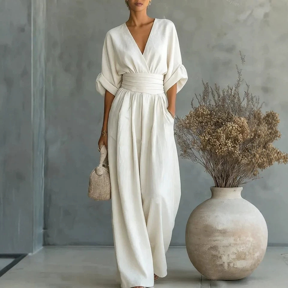 Women's Linen Wrap V-Neck Wide-Leg Jumpsuit