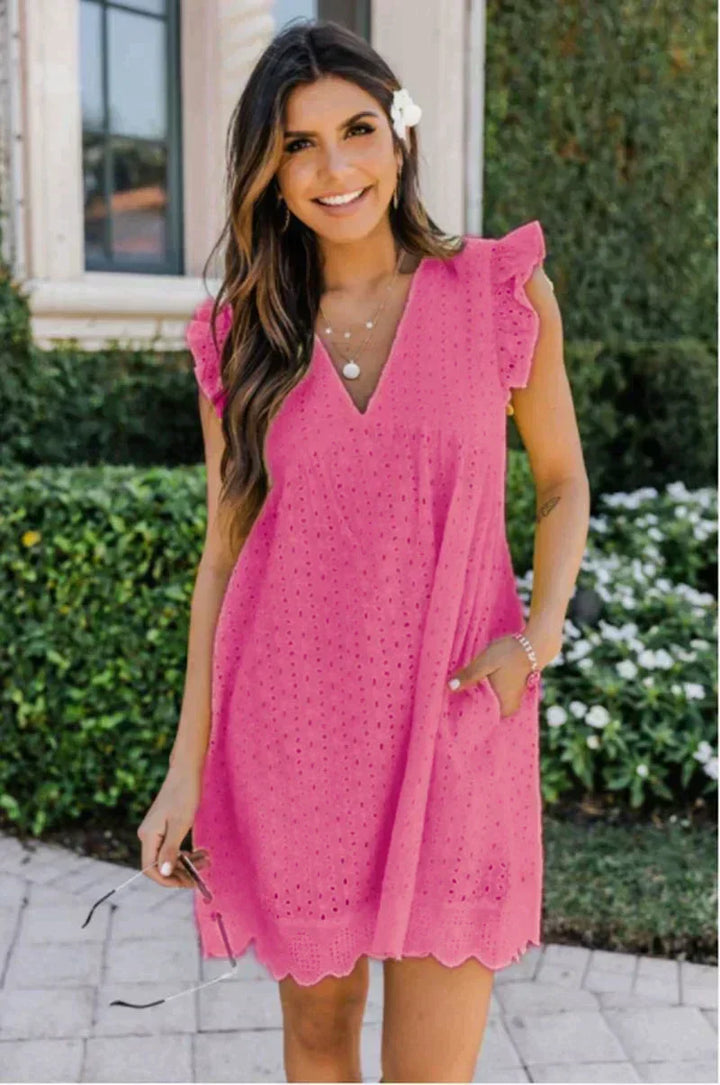 Women's Eyelet Lace Mini Dress with Ruffle Sleeves