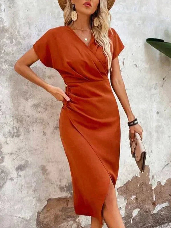 Sophie | Elegant V Neck Wrap Midi Cocktail Dress