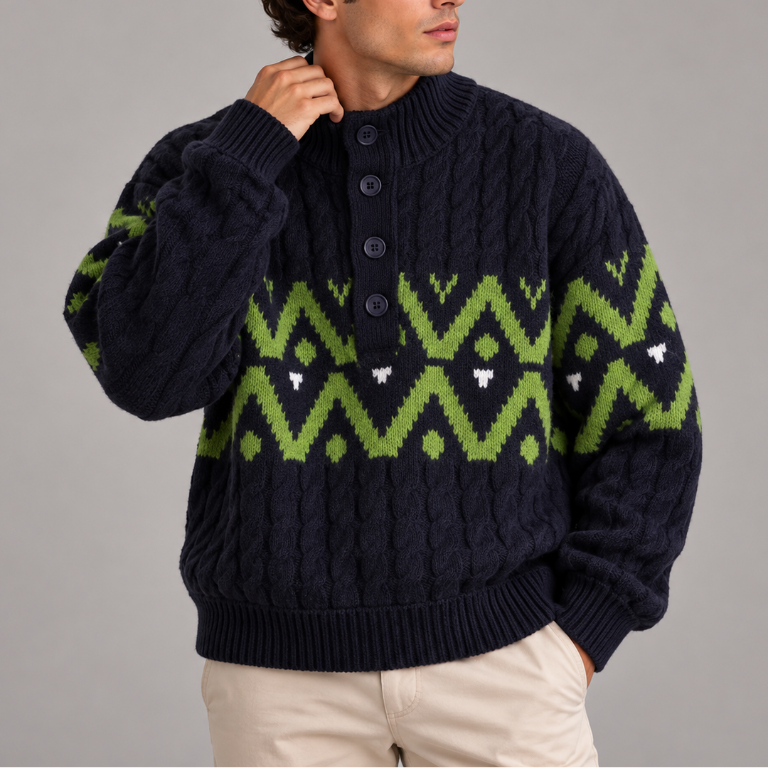 Men's Nordic Cable Knit Jumper with Button Neck