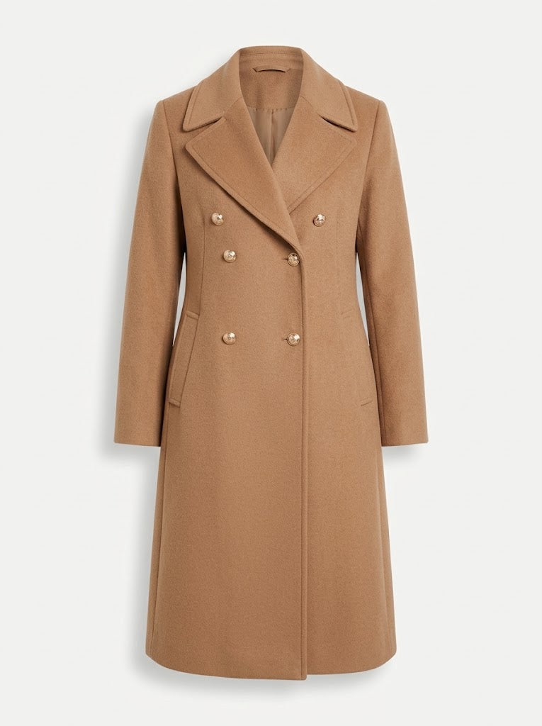 Women's Double-Breasted Longline Coat with Lapel Collar